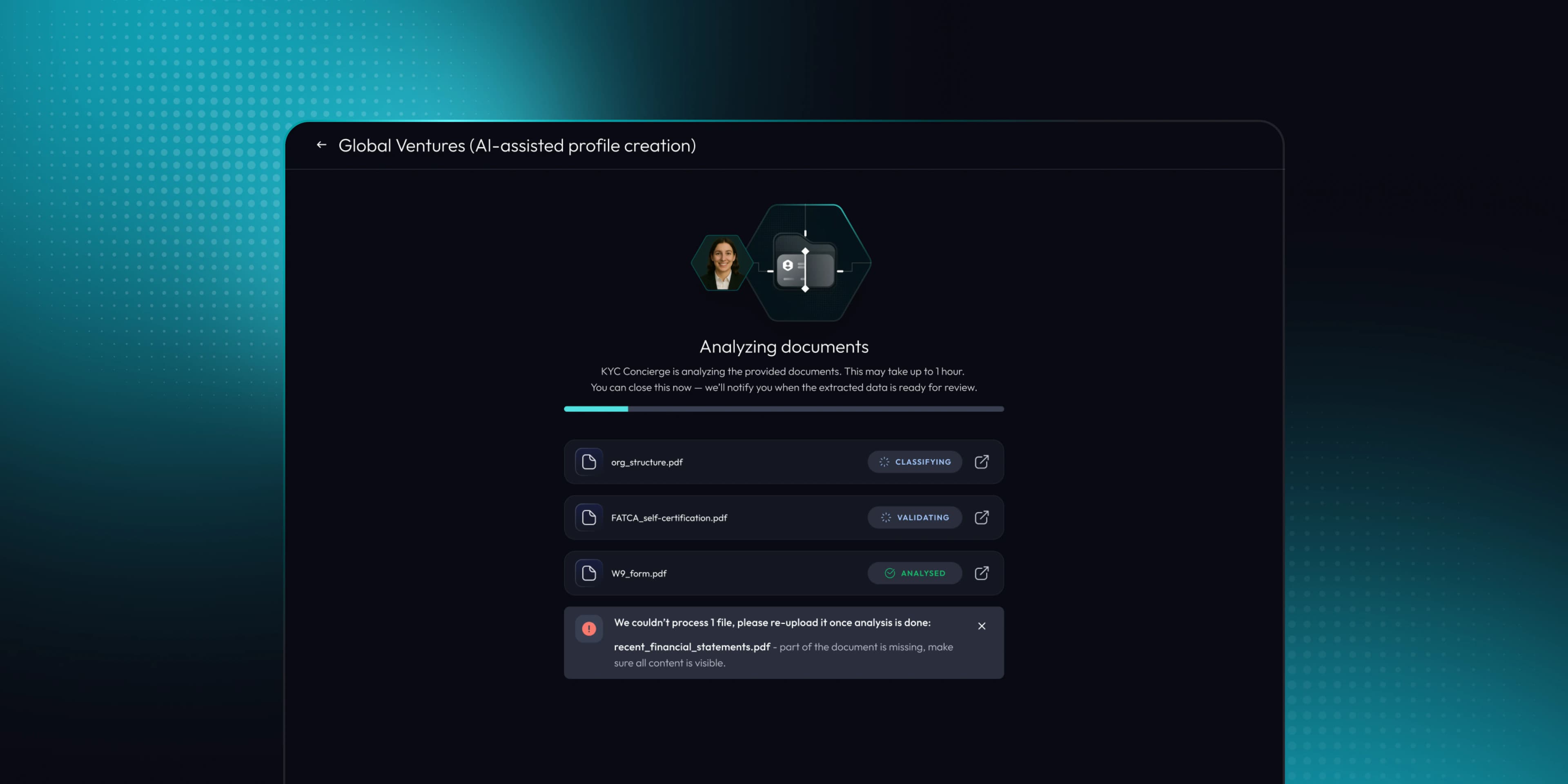 KYC Concierge analysing uploaded documents, with a status on each file and a re-upload alert