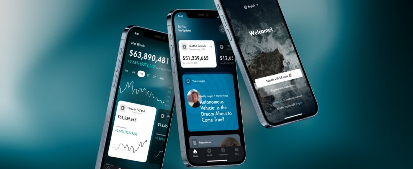 Wealth product screens showing a portfolio, net worth and advisor insights.