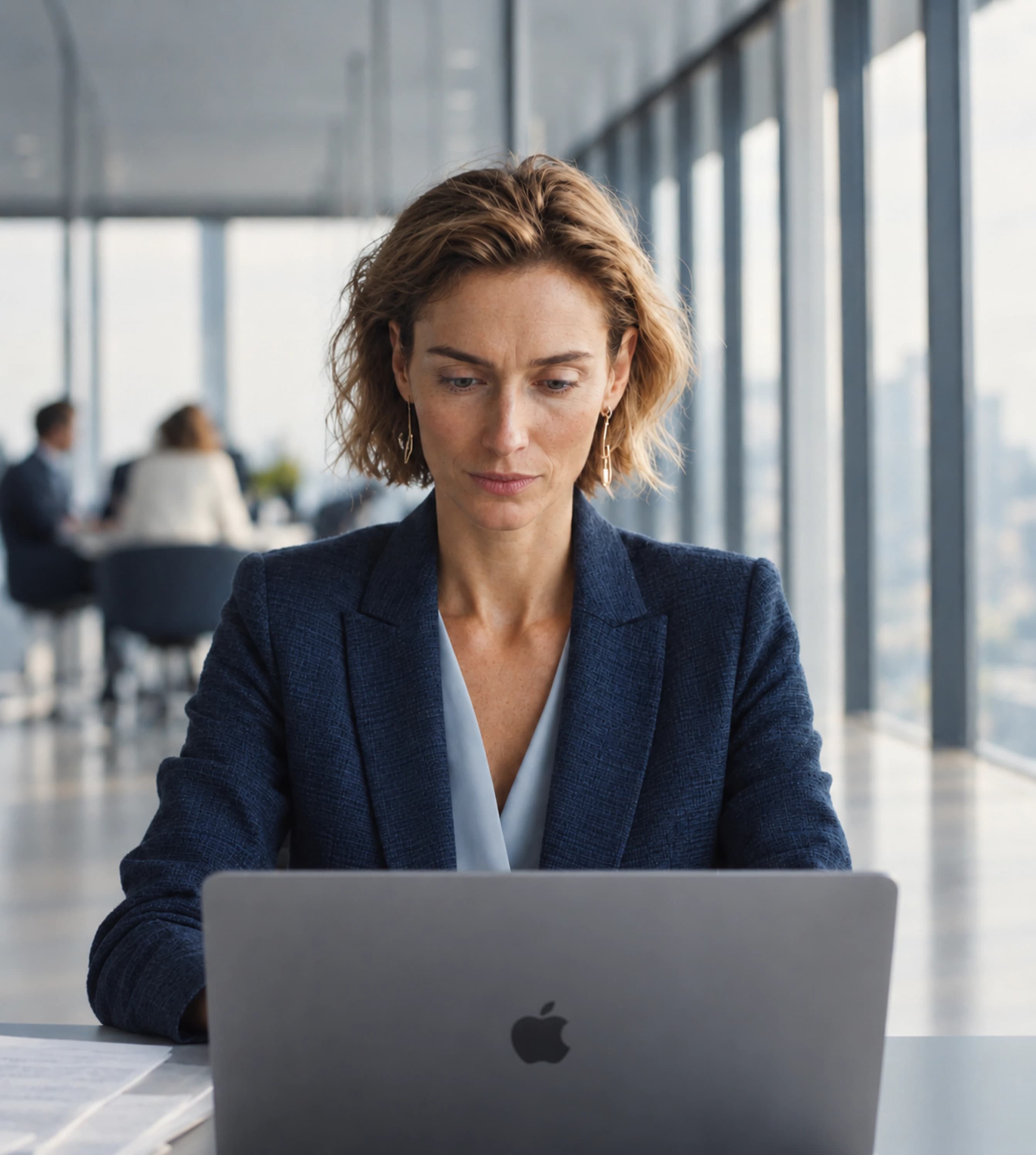 A wealth manager working on a laptop in an open-plan office