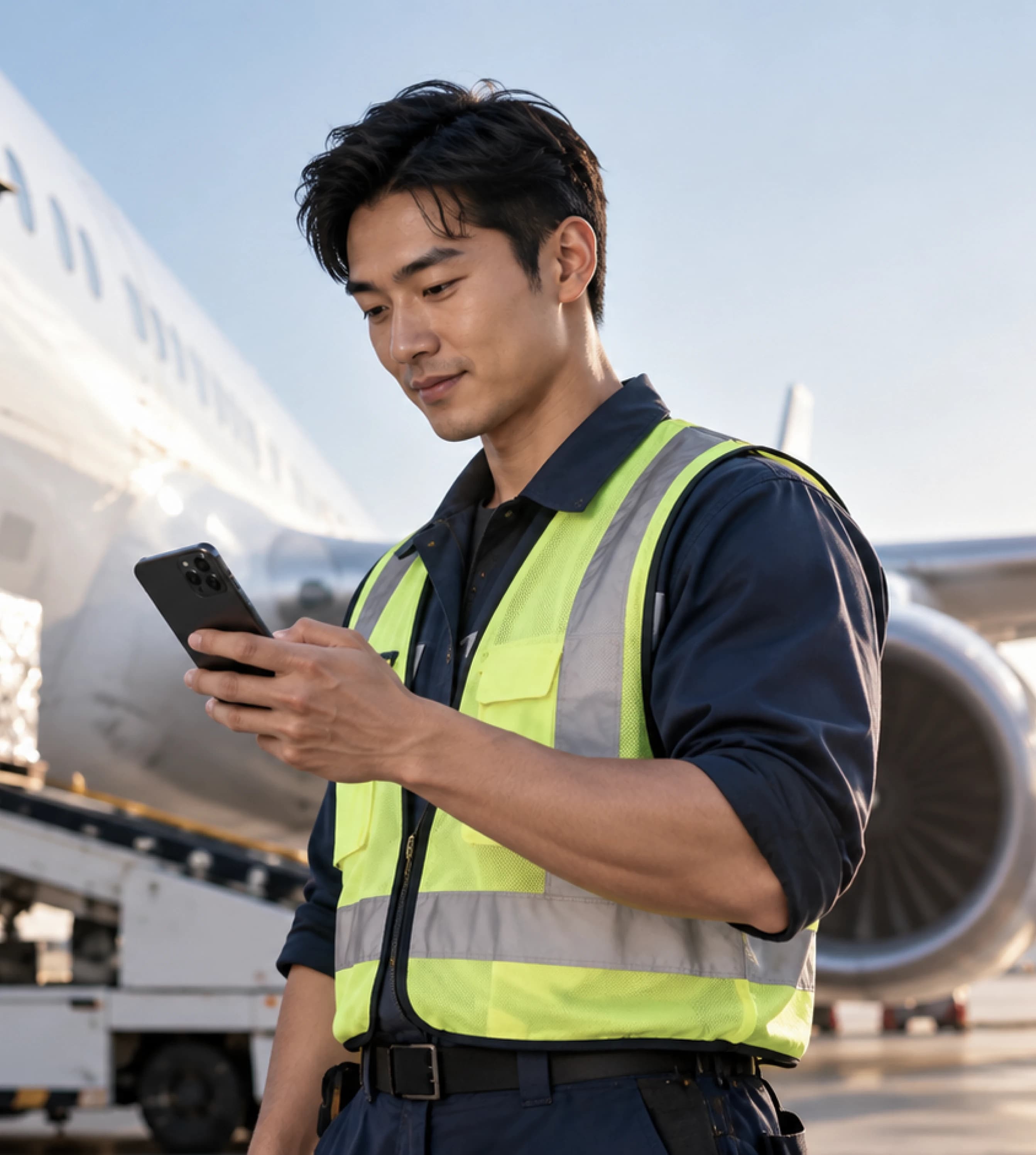 A ground crew worker checking a phone beside a cargo plane