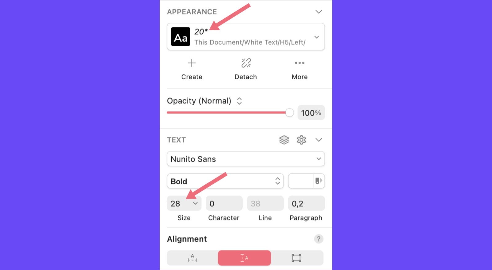 Image depicts the font editor in Figma, with arrows highlighting size and an asterisk that denotes a broken font.