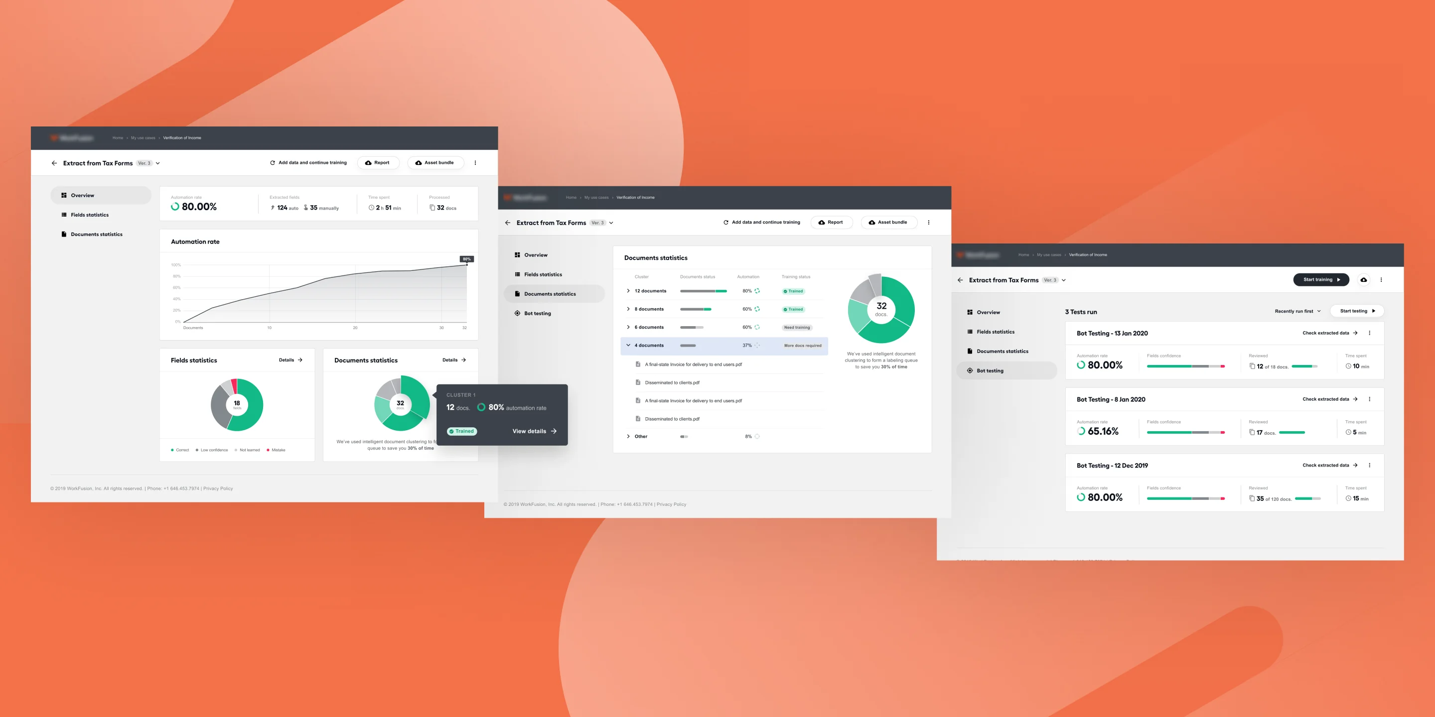 Automation dashboards for tax-form extraction, showing an 80 percent automation rate, document statistics, and bot testing runs