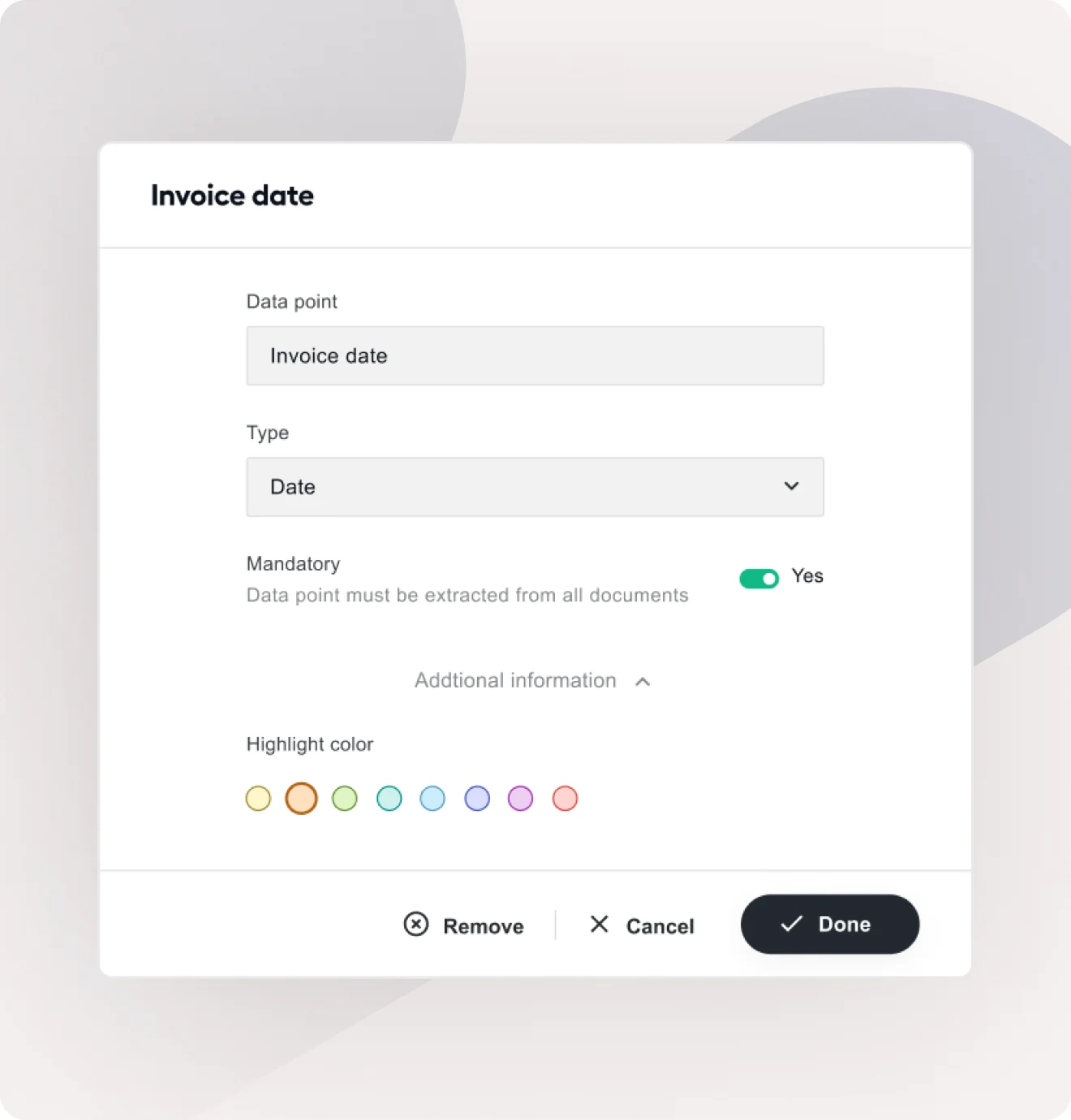 An invoice date set as a mandatory data point, with a highlight color chosen
