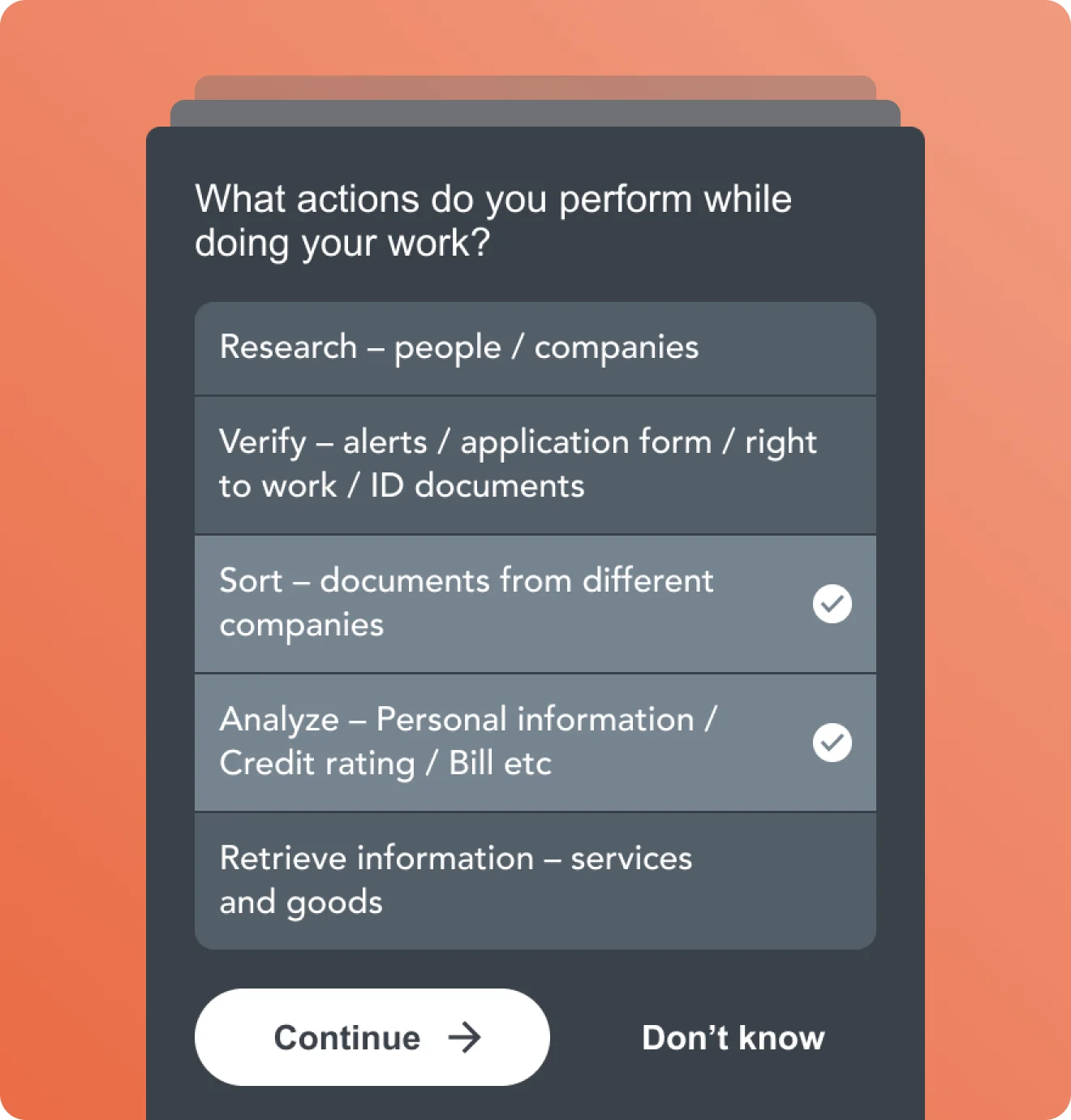 A quiz asking which actions you perform at work, with sorting documents and analyzing information selected