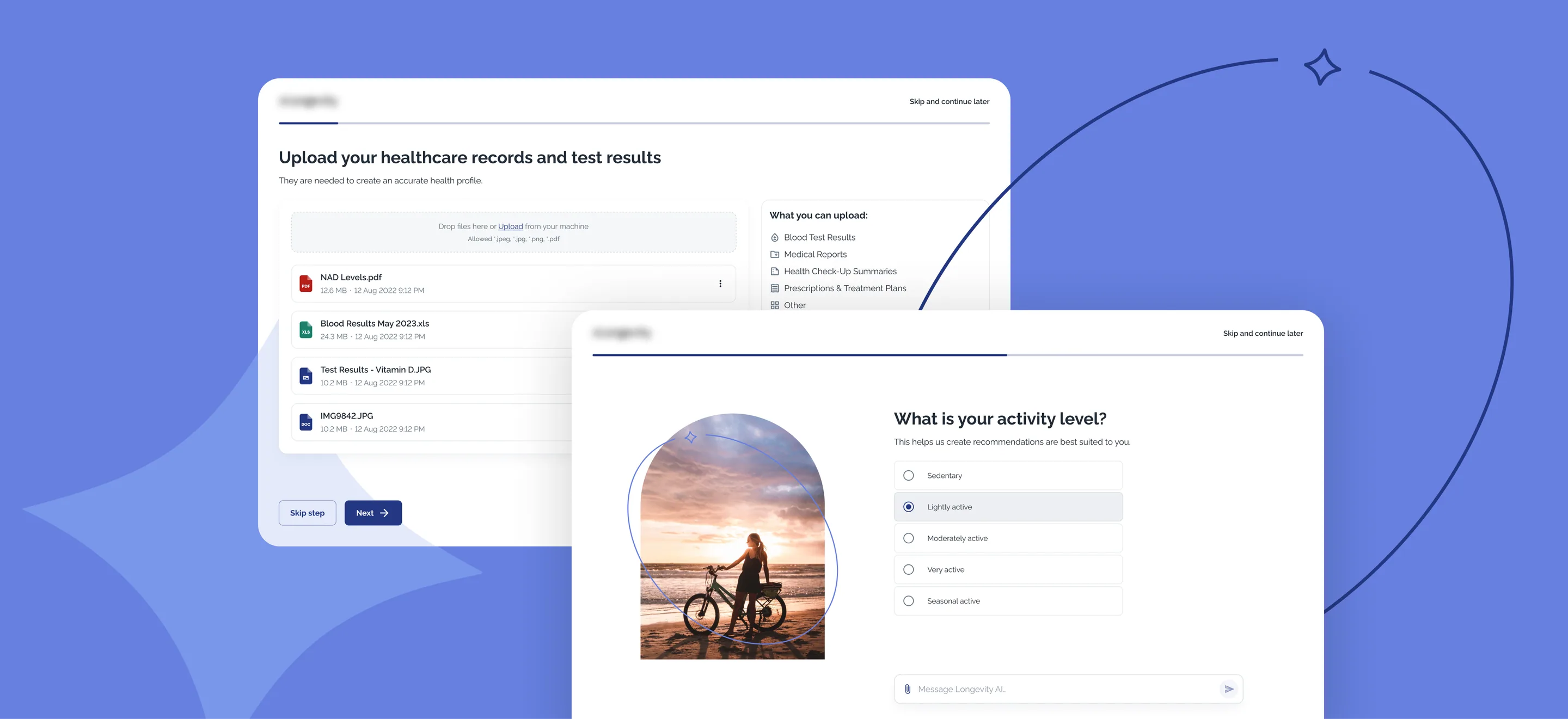Healthcare record upload and an activity-level question beside a message field