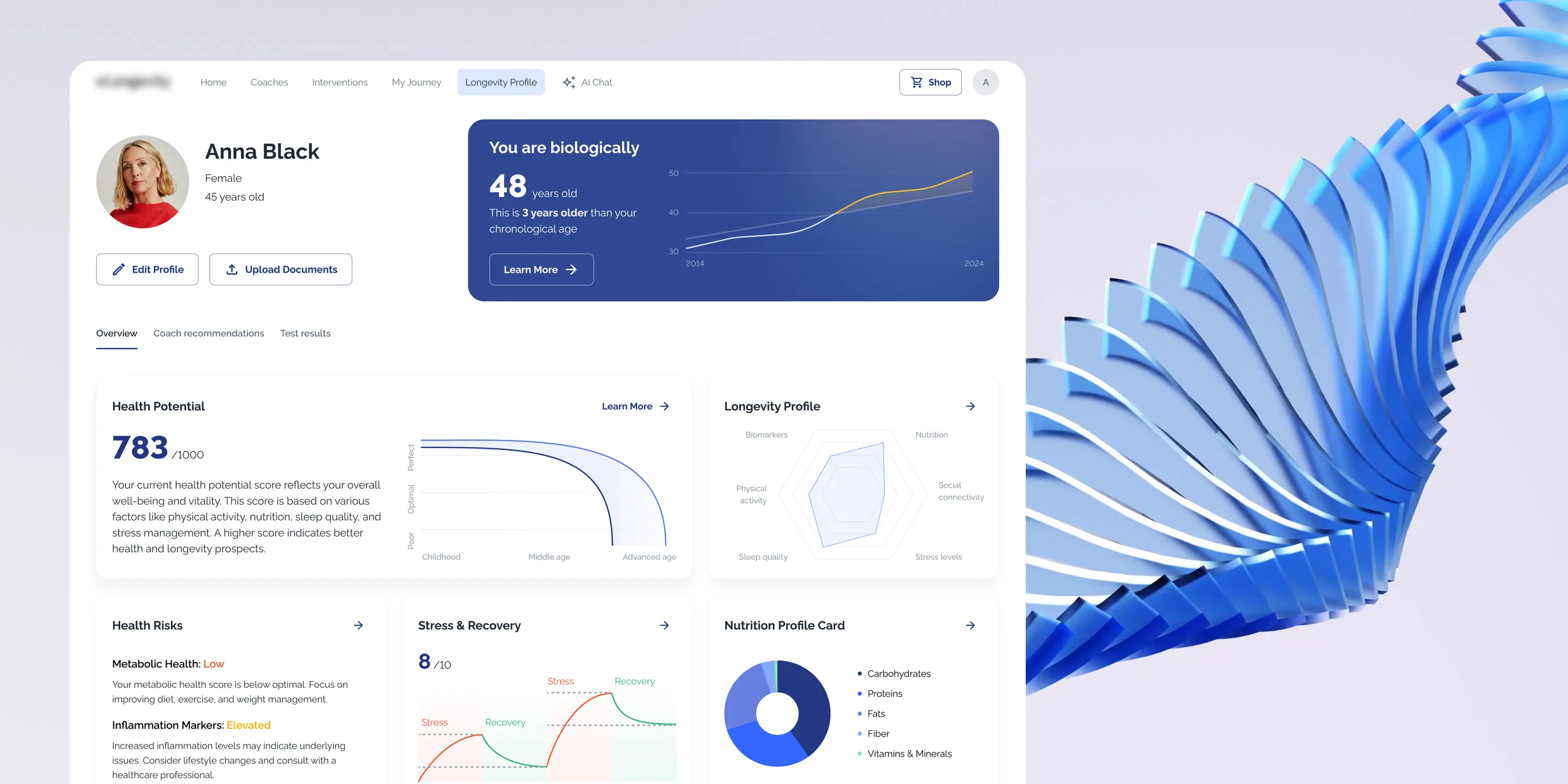 Longevity profile with biological age, health potential, risks, stress and recovery, and nutrition