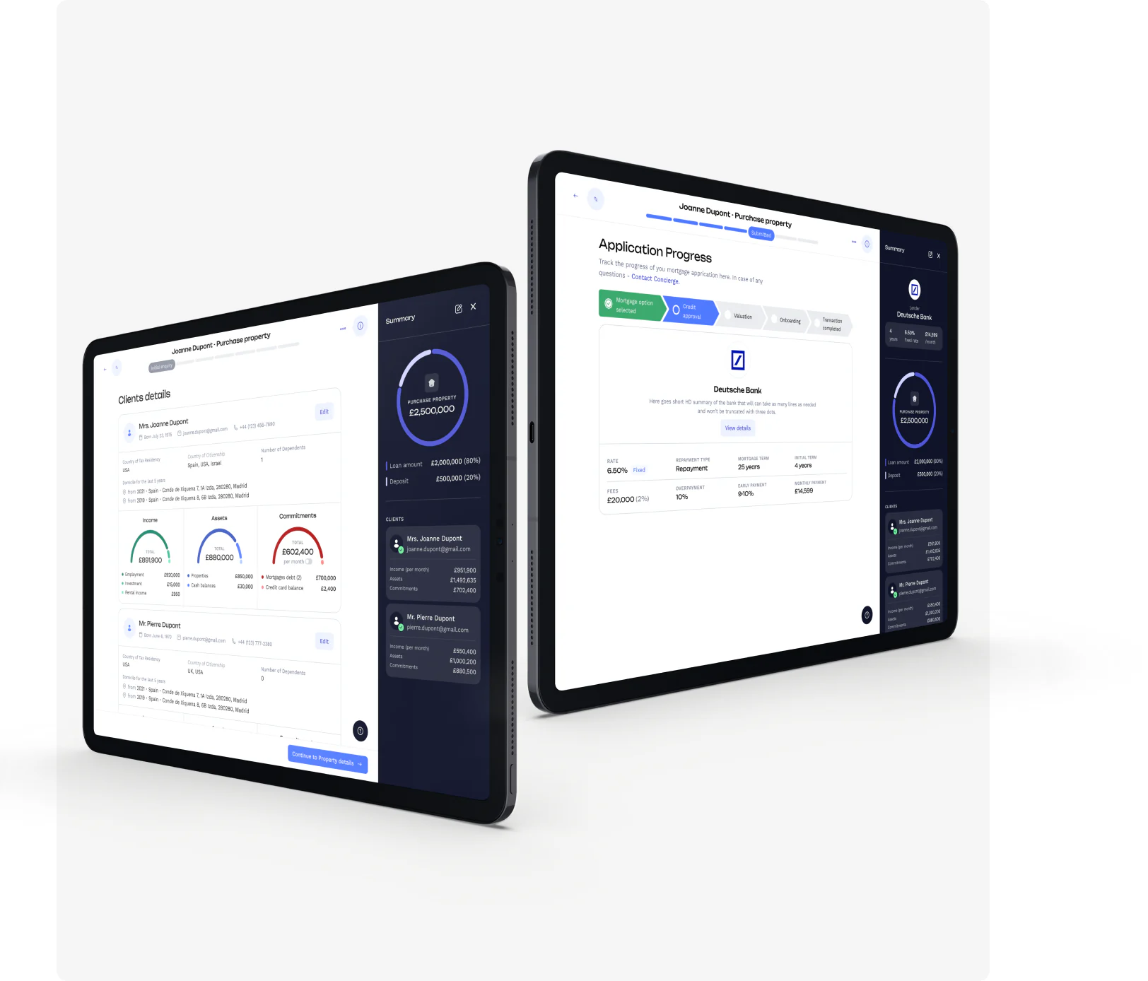 Client details and a mortgage application in progress, shown on two tablets