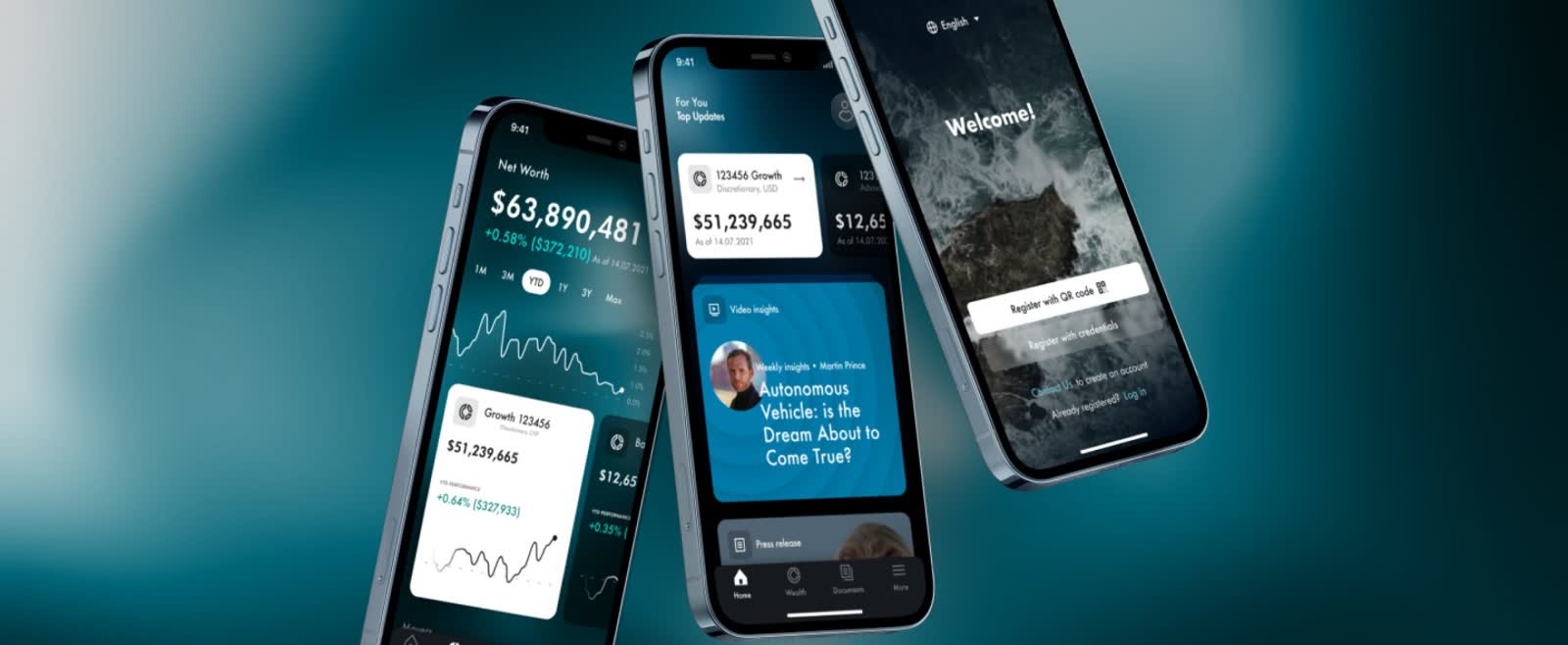 Wealth product screens showing a portfolio, net worth and advisor insights.