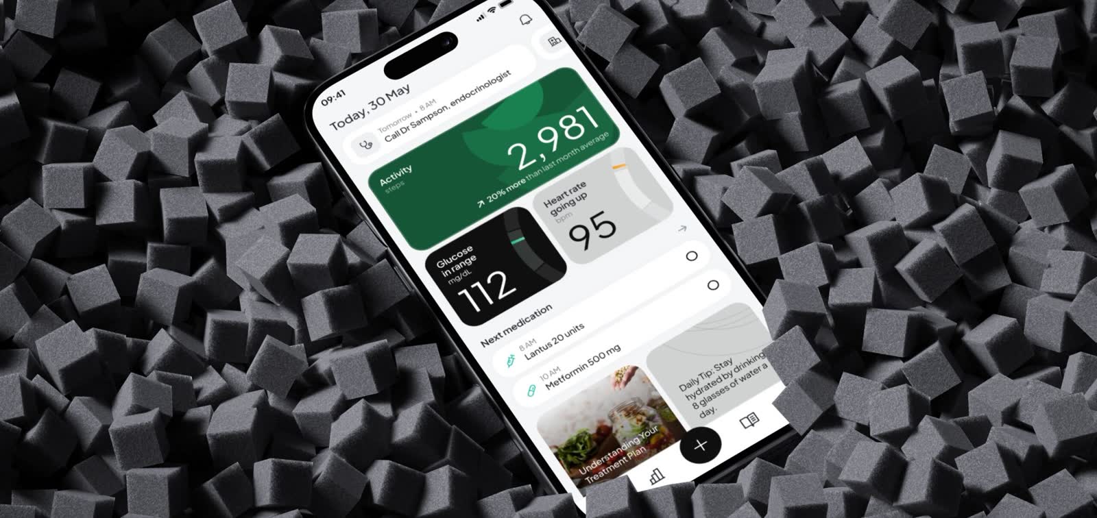 A patient app showing daily activity, a glucose reading in range, and the next medication due.